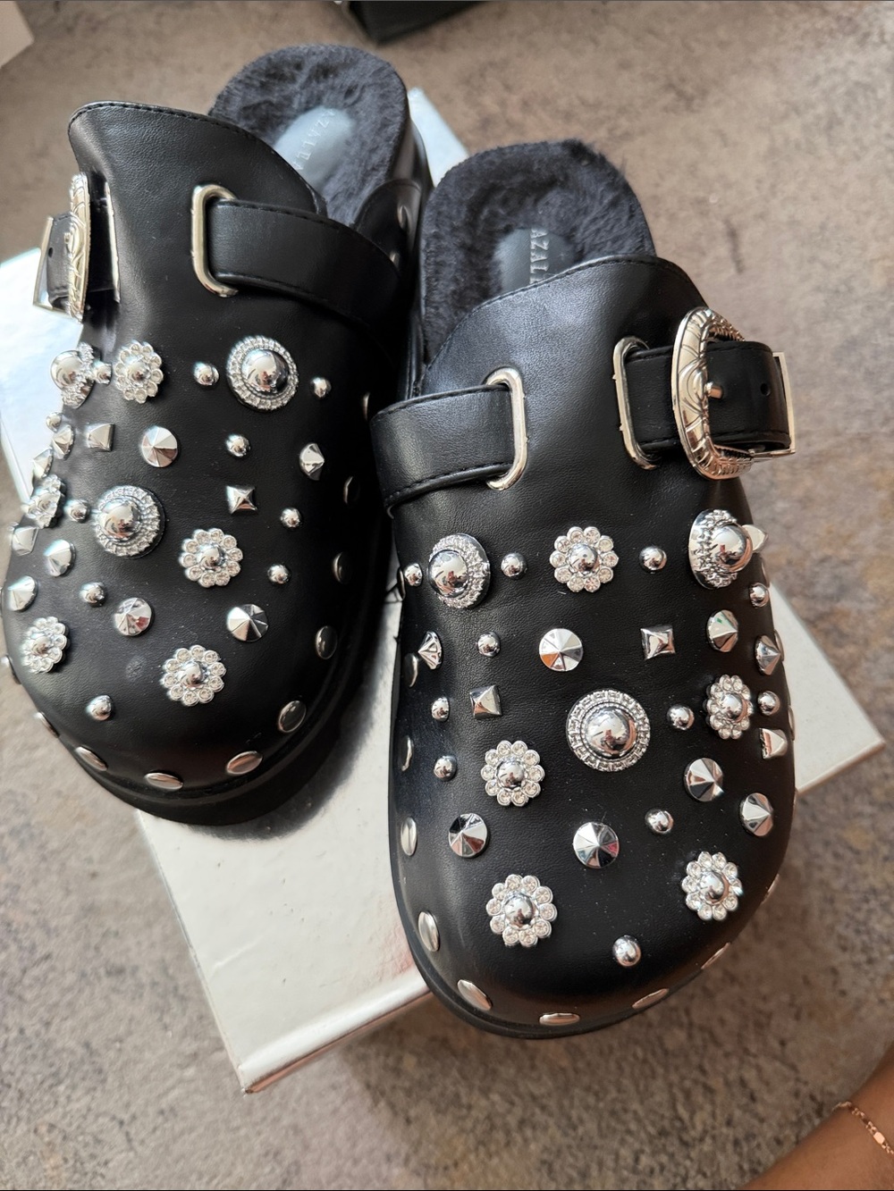 Studded Black Faux-Leather Mule Clogs with Buckle